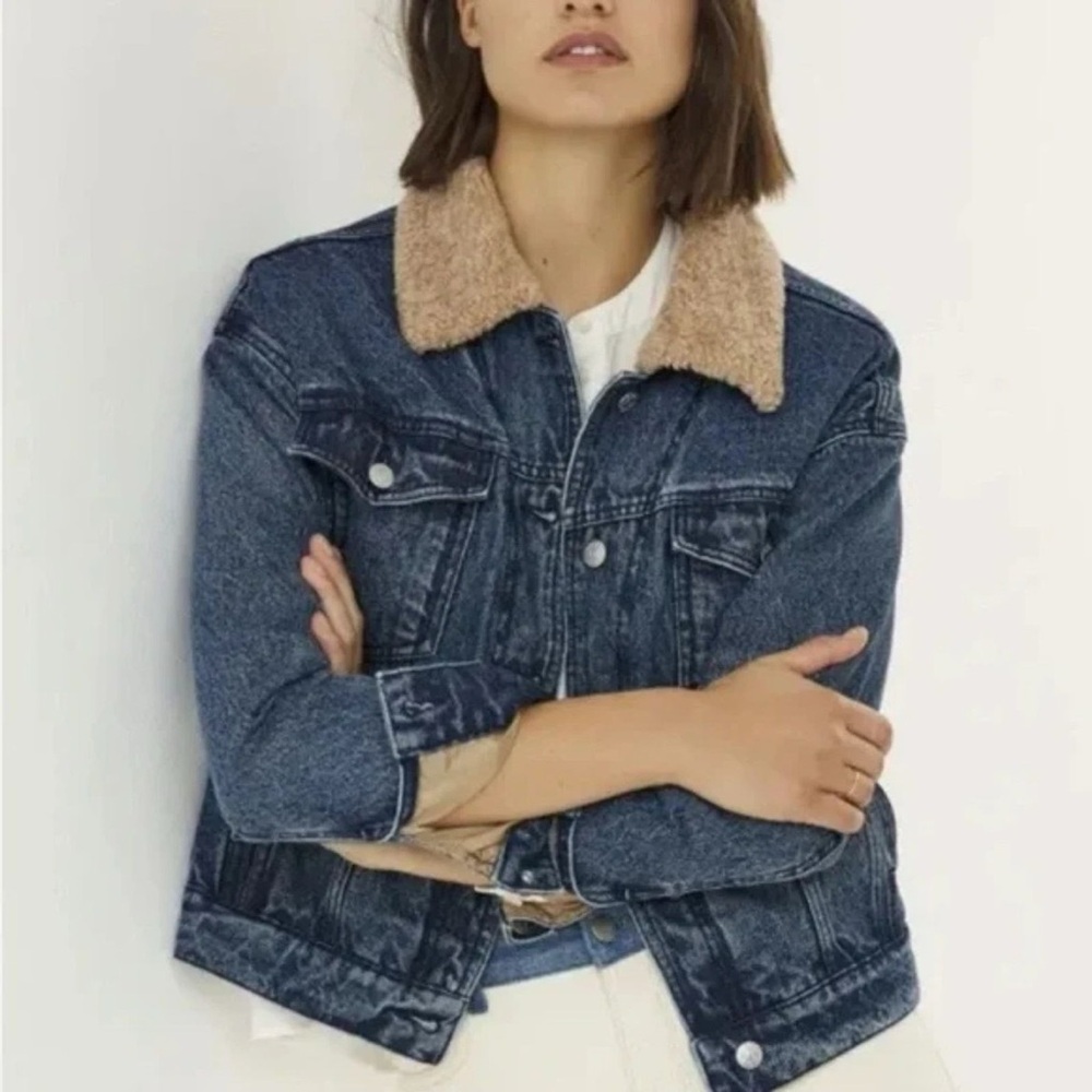Anthropologie Pilcro and the Letterpress Cropped Denim Jean Jacket Faux Fur Trim